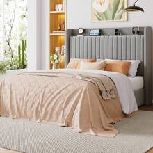 Allewie Full/Quenn/King Size Upholstered Bed Frame With Charging Station & Storage Headboard, Soft Velvet Wingback Platform Bed, Strong Wooden Slats Support, No Box Spring Needed, Easy Assembly, Grey - 查看 5