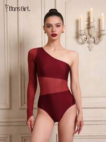 DonsGirl 1 bộ áo liền quần múa ba lê Hồ Thiên Nga cho nữ, chất liệu sequin lấp lánh và vải lưới phối hợp, thiết kế bất đối xứng, một tay áo có vòng đeo ngón tay, lý tưởng làm quà tặng cho buổi biểu diễn/tiệc tùng mùa xuân. - Màu Đỏ Sâu - Xem 4