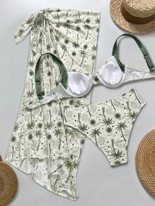 Plant Print Underwire Bikini With Mesh Overskirt Vacation Style Three Pieces Set - Multicolor - View 6