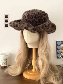 Western Cowgirl Y2K Aesthetic Teddy Fleece Hiking Hat, Women's Autumn/Winter Large Brim Hat, Fashionable Leopard Print Bucket Hat, Warm Vintage Cowboy Style Fluffy Thick Winter Hat - Multicolor - View 10