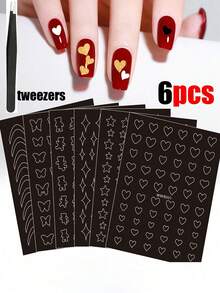 6件套美甲镂空模板套装，美甲模板，线条网格豹纹图案，让美甲沙龙/DIY美甲更轻松 - 彩色 - 查看 14