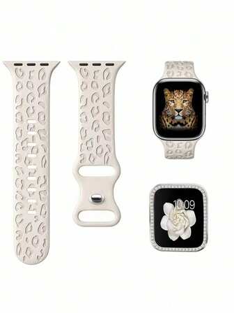 1Set 3-In-1 Fashion New Silicone Carved Leopard Print Watch Band And Case Film With Embedded Diamonds PC Watch Protective Case For Apple Watch 38mm 40mm 41mm 45mm 44mm 42mm 49mm For Apple Watch Ultra Series Ultra 9 8 7 6 5 4 3 2 1 SE, Comfortable Breathable Replacement Strap, Scratch-Resistant Waterproof Shockproof Watch Protective Case For Women And Men
