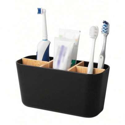 1pc Bamboo 5-Slot Toothbrush Holder, Bathroom Vanity Organizer Rack For Electric Toothbrush, Toothpaste, Razor And More, Home Bathroom Decor, Back To School Decoration