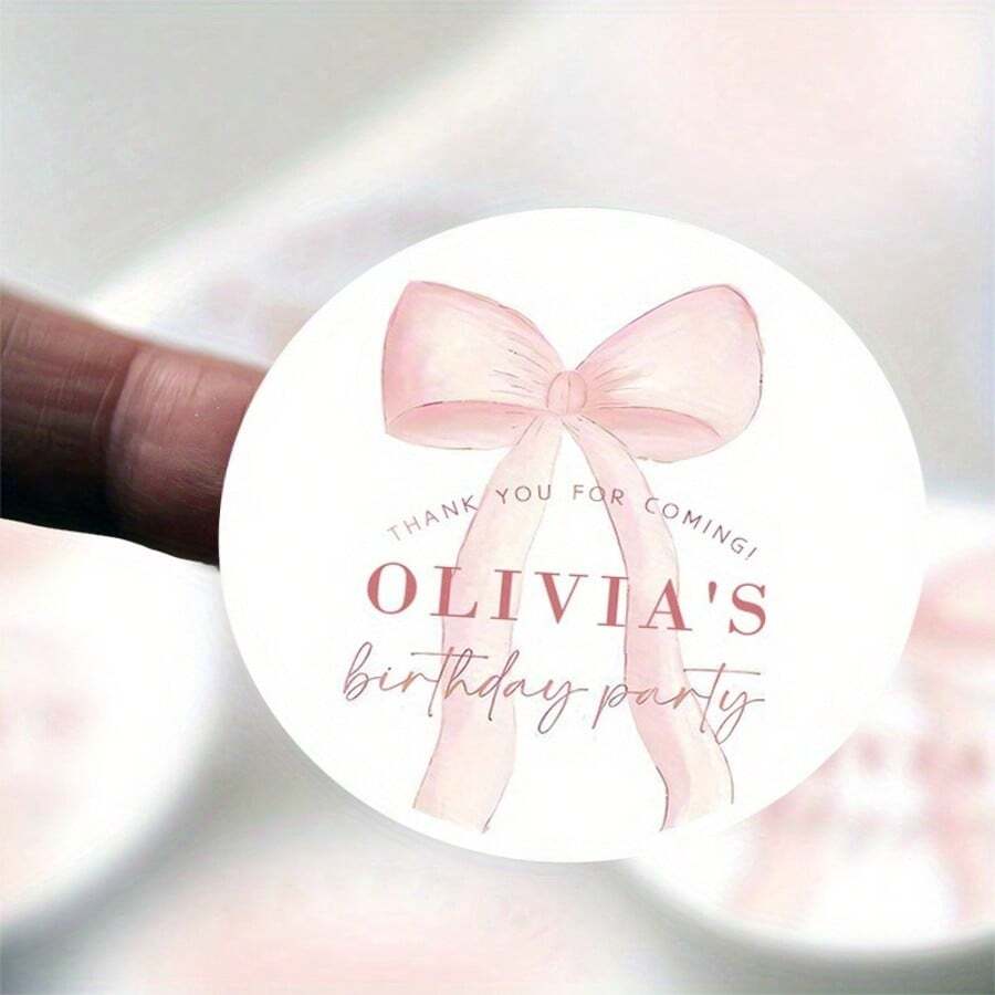 Customized Pink Bow Stickers, Personalized Text Labels, Customizable Thank You Stickers, Children Stickers, Round Stickers, Multi-Purpose, Birthday Gifts, Wedding Gifts, Cup Stickers, Dessert Bags, Gift Boxes/Bags, Anniversary, Students, Daughter, Son, Family, School ,Forever Love - Multicolor - View 1