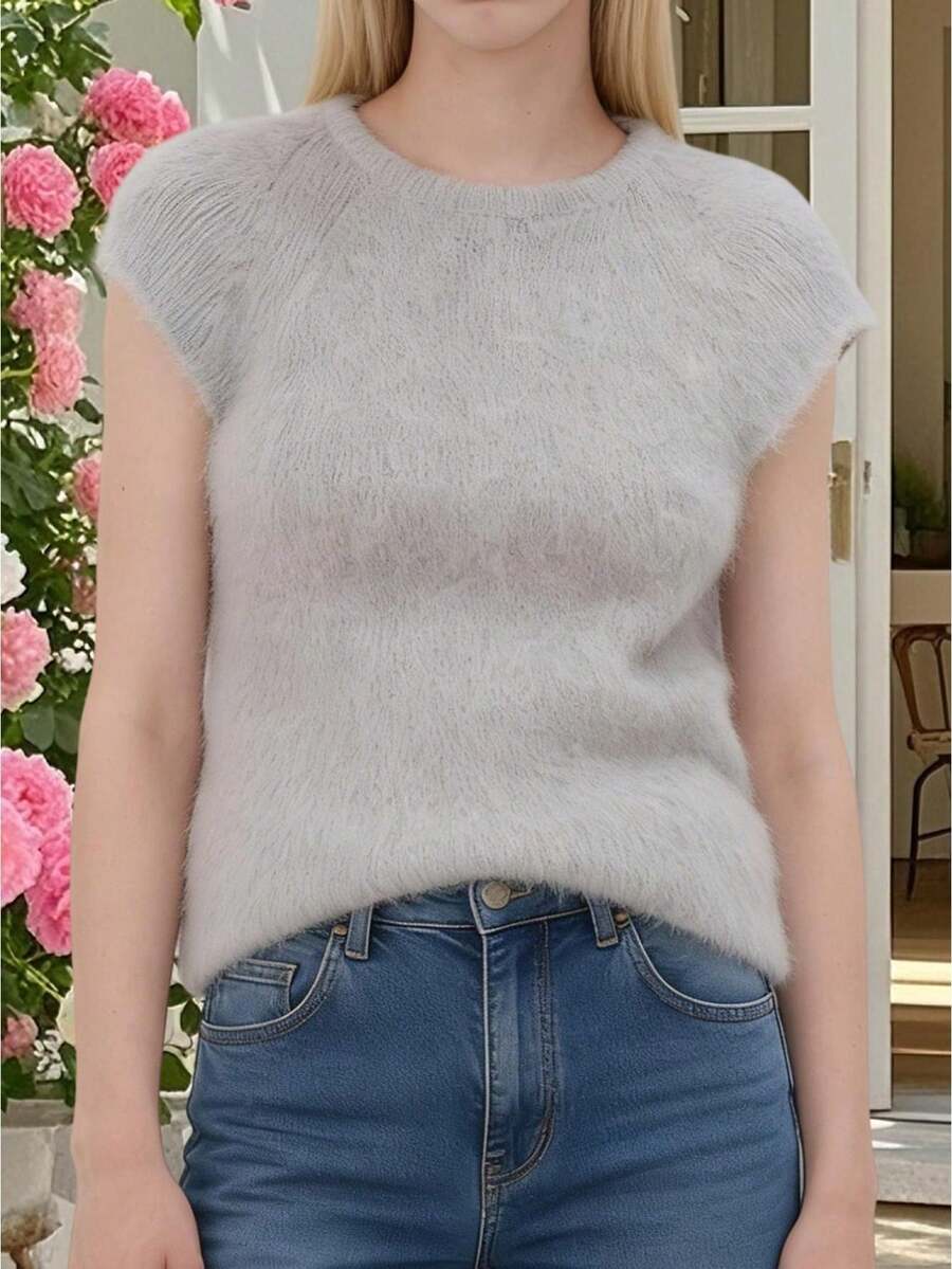 Women Alpaca Wool Sweater Solid Color Cape Sleeve Round Neck Fitted Tops Fall Winter Classic Warm Knit Pullover - Grey - View 1