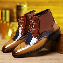 Men's Light Luxury Plus Size Lace Up Splicing Shoe Upper, Easy To Put On And Take Off, Breathable And Non Slip, A Must-Have For Office Life, Versatile Casual Shoes, Party Formal Boots - 棕色 - 查看 3