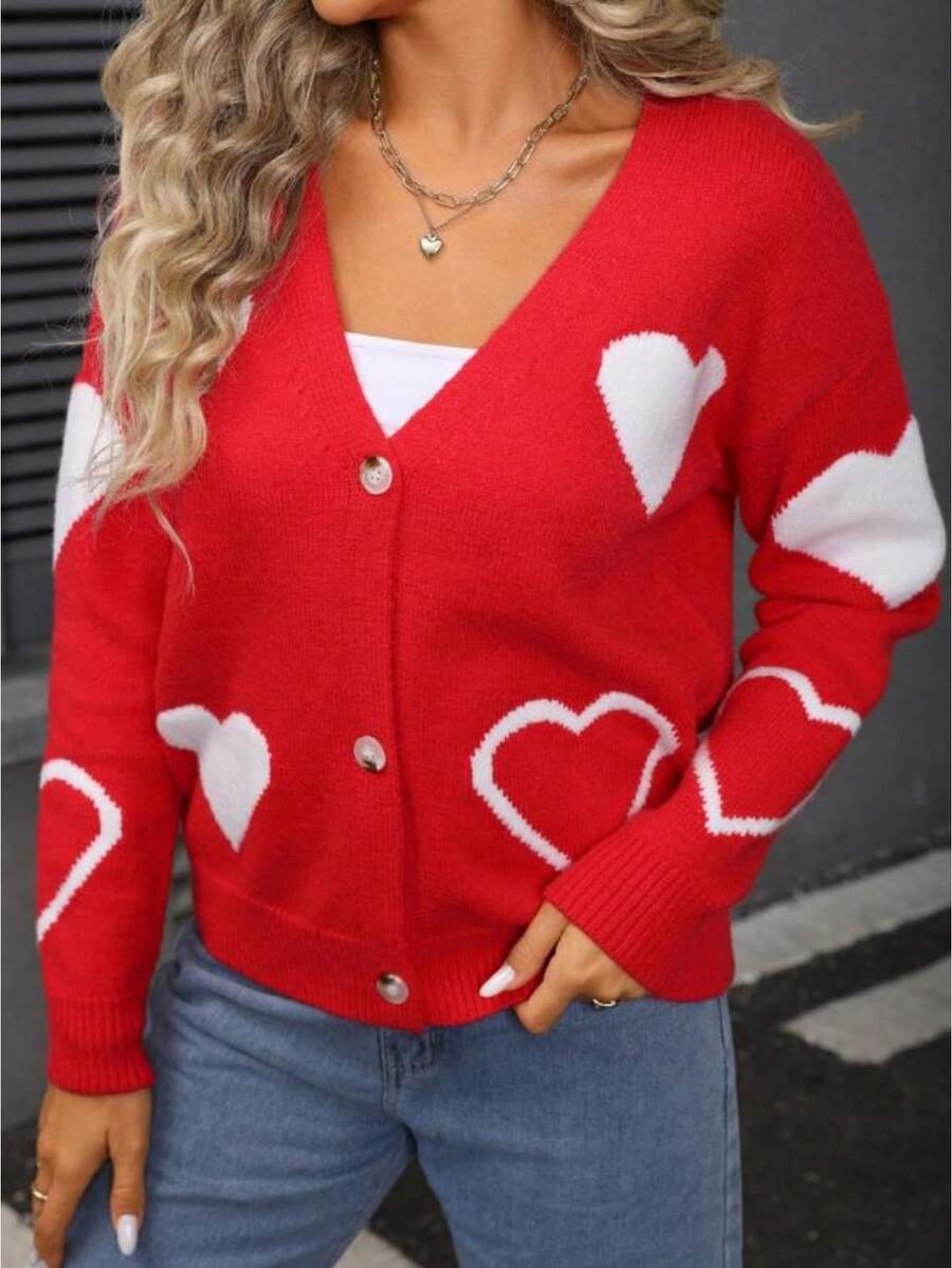 Womens Heart Cardigan Sweaters Valentines Oversized Winter Button Up Cute Knit Sweater - Red - View 1