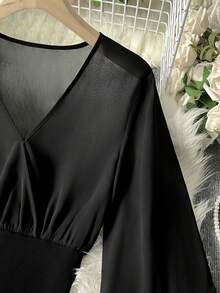 Women's Deep V-Neck Long Ruffle Sleeve Black Chiffon Blouse, Polyester Sheer Top - Black - View 4
