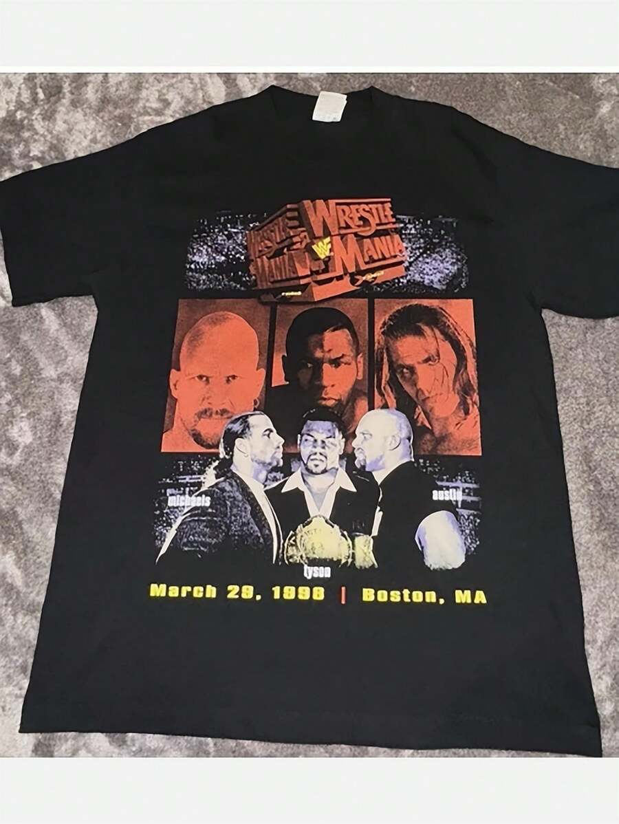 Camiseta negra de patrón de lucha libre para hombres - camiseta casual de verano muestra diseño de fiebre de lucha, camiseta deportiva estándar de manga corta de material suave con estampado de patrón - Negro - Ver 1