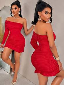 Amarilo Women's Elegant Off Shoulder Ruched Ruffle Hem Bodycon Mini Dress – Perfect For Summer Party, Valentine's Day, Wedding Guest & Carnival Events - Red - View 1