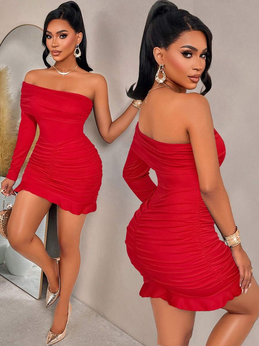 Amarilo Women's Elegant Off Shoulder Ruched Ruffle Hem Bodycon Mini Dress – Perfect For Summer Party, Valentine's Day, Wedding Guest & Carnival Events - Red - View 1