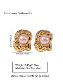 VceTd 1 Pair Vintage Style Semicircle Plastic Inlaid Stainless Steel Stud Earrings, Suitable For Women To Wear To Formal Dinners - Yellow Gold - View 2