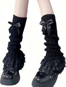 1 Pair Women's Black Lolita Bow Lace Trim Twist Leg Warmers - 黑色 - 查看 6