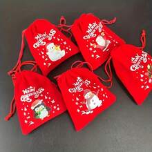 10pcs/Set Large Christmas Ornament Gift Bags, Christmas Themed Pattern Gift Bags, Christmas & Halloween Velvet Drawstring Gift Bags (Random Pattern) - Red - View 2