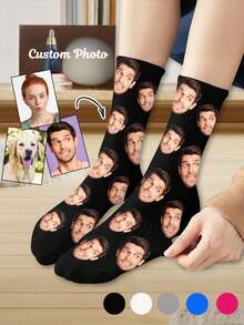 1 Pair, Custom Photo Men's And Women's Medium Socks, Personalised Face Or , Couple's Personalised Medium Socks, Funny Face Socks, Custom Pet Socks, Digital Printing, Comfortable And Funny Socks, Anniversary Gift, Birthday Gift, Father's Day Mother's Day Gift, Funny, Happy, Crazy, Anime, Multicoloured Socks,New Year Glamour - Multicolor - View 3