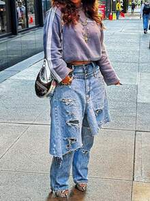 Valentine's Day, Date Night Outfit, Gifts For Her GLOURI Women's Deconstructed 2 In 1 Jeans - Low Rise Vintage Wash  & Asymmetric Distressed Rips | Edgy Streetwear Denim Pants For Concerts & Night Out & Party & Casual - 藍色 - 查看 2