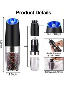 1件/2件套电动盐和胡椒研磨器，研磨粗细可调，电池供电，带LED灯，单手自动操作，不锈钢材质 - 彩色 - 查看 7