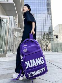 Neon Yellow Oversized Aesthetic High-Vis Ski Backpack, Large Capacity Sports Snow Gear Bag With "DUANG" Graphic Print, Water-Resistant Fabric For Ski Trips, Snow Sports, Outdoor Activities, Travel - Purple - View 3