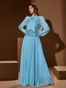 Solessence Women's Elegant Long Sleeve Dress With Draped Neckline, Embroidered Beaded Details, Pleated Hem, Suitable For Festivals, Daily Wear, And Dates. Soft And Comfortable. - Blue - View 3