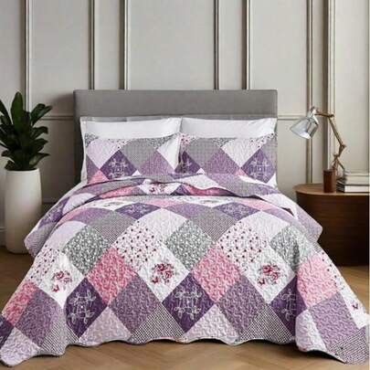 3 Pieces Purple Patchwork Bedspread Set Quilted 230x250cm Vintage Style Bedding Set Purple Bohemian Soft Warm