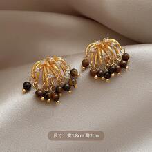 Silver Needle Pearl Tiger Eye Stone Crystal Beaded Water Drop Pendant Earrings Vintage Earrings Studs Niche Design Sense Ear Jewelry - 5#銀針-金色-卡色 - 查看 13