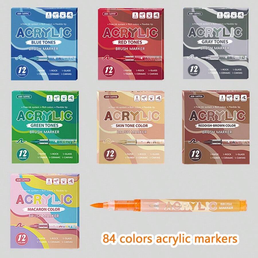 12支/84色丙烯颜料马克笔套装,速干不褪色,适用于绘画、插画、工艺品制作、涂色书创作、DIY项目,可在纸张、布料、木材、石头、塑料、玻璃、陶瓷、南瓜、金属等多种材质上使用,适合学生和成人,也是复活节、感恩节、万圣节、圣诞节的绝佳礼物。 - 彩色 - 查看 1