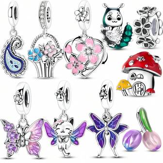 1pc Silver Color Spring Series Style Including Natural Themes Flowers Butterflies Ladybugs Mushrooms Tulips Charms For Bracelet Necklace DIY Jewelry Making Supplies For Women Suitable For Birthdays Mother's Day Commemorative Gifts