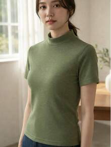 High-Neck, Short-Sleeved Cotton Knit Blouse - Verde mixto - Ver 2