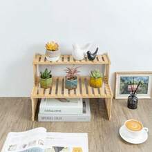 Plant Stands & TablesMyGift- Soporte para Plantas de Bambú Natural para Interior Estante Organizador de Escritorio de 2 Niveles Rack Decorativo con 2 Repisas Ranuradas para Macetas y Decoración - Bambú natural - Ver 3
