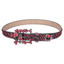 Handmade Western Women's Rhinestone Skull Buckle Set Leather Belt High Quality Crystal Studded Belt Strap, Gift For Women Christmas - 紅色 - 查看 7