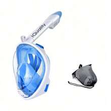 一套全脸浮潜面罩，含一副耳塞，可折叠180°全景浮潜面罩，采用最新干式顶部系统，硅胶材质，防雾防漏，带相机支架，呼吸顺畅，适用于浮潜、自由潜水、游泳，成人浮潜装备，游泳用品，浮潜，潜水，旅行