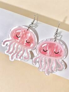 2 Pieces/1 Pair Cute Cartoon Style, Fun Pink Jellyfish-Shaped Pendant Earrings, Acrylic Print Design, Lightweight And Stylish, Suitable For Everyday Wear And Party Celebrations, Holiday Gifts, Halloween And Christmas Gifts, And Commemorative Gifts For Friends,Earrings For Women - Pink - View 2