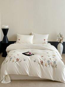 Flower And Plant Embroidery Duvet Cover Set, White Bedding Set 3pcs,Including 1 Duvet Cover And 2 Pillowcases, Ultra Soft Breathable Chic Comforter Cover