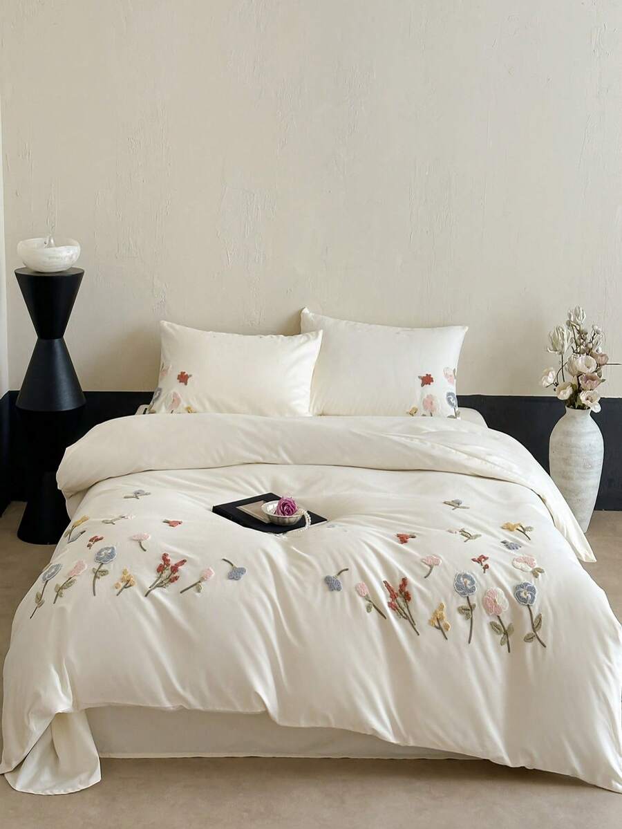 Flower And Plant Embroidery Duvet Cover Set, White Bedding Set 3pcs,Including 1 Duvet Cover And 2 Pillowcases, Ultra Soft Breathable Chic Comforter Cover