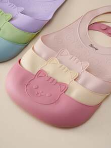 1pc Personalized Customization Name Baby Silicone Bib Cute Cat Design Adjustable Waterproof Feeding Bib Custom Baby Tableware Easy Clean Kids Gift - Multicolor - View 2