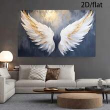 1pc Framed Canvas Wall Art - Two Large White Angel Wings Abstract Oil Painting Print, Modern Art Deco Style, Waterproof Canvas, Horizontal Wall Decor For Living Room, Bedroom, Office, Cafe, Bar - Unique Gift Idea, Cafe Decoration | Artistic Wing Design | Textured Background - 藍白色 - 查看 1