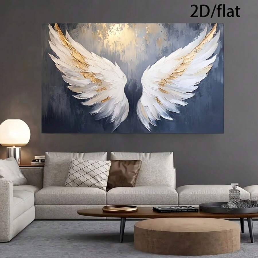 1pc Framed Canvas Wall Art - Two Large White Angel Wings Abstract Oil Painting Print, Modern Art Deco Style, Waterproof Canvas, Horizontal Wall Decor For Living Room, Bedroom, Office, Cafe, Bar - Unique Gift Idea, Cafe Decoration | Artistic Wing Design | Textured Background - 藍白色 - 查看 1
