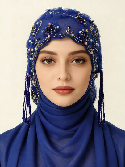 1pc Women's Lace Beaded Muslim Hijab, Versatile & Fashionable, High-Quality Handmade, Breathable & Comfortable, Suitable For All Occasions And Seasons For Abayas Muslim Women