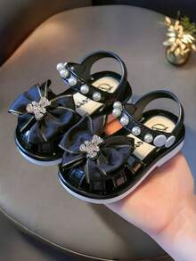 Sandalias con corazón de perla para niños, sandalias de moda estilo coreano con suela suave para niñas - Negro - Ver 3