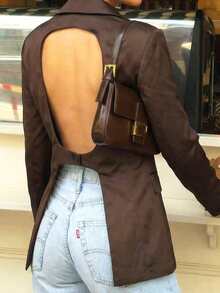 Women's New Fashion European And American Style Versatile Backless Satin Casual Long Sleeve Blazer - Brown - View 9