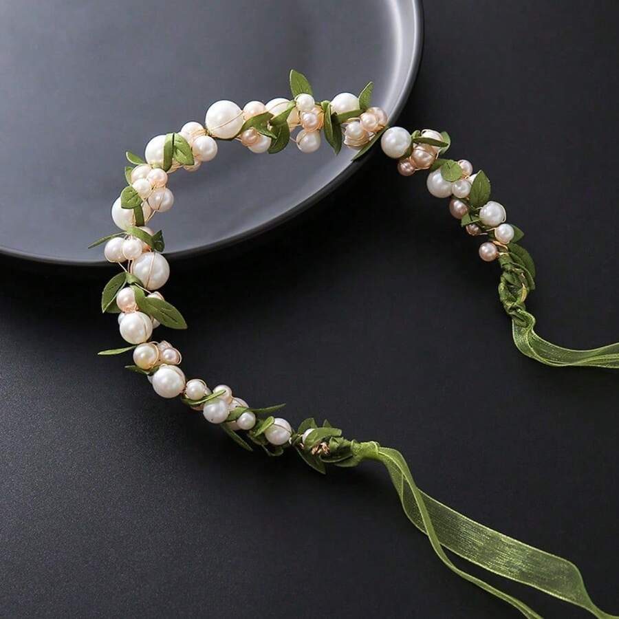 1pc Leaf Pearl Flower Girls Hair Band Sweet Braided Headband With Ribbon For Kids Children Party Performance Birthday Gift For Friends Mom Daughter - màu xanh lá - Xem 1