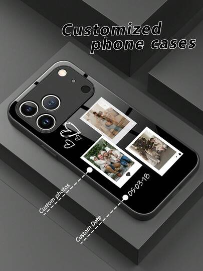 1pc Customized Anniversary Date, DIY Upload 3 Photos, Heart Pattern Liquid TPU Full Edge + Tempered Glass Shockproof Anti-Scratch Phone Case Compatible With Apple 17 Pro Max/16 Pro Max/15 Pro/14 Plus/13 Pro/12 Pro Max/11/Xs Max/8/7/6 Plus, S24 Ultra/S25 Ultra, Redmi/ Phones