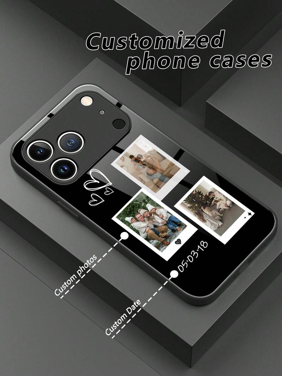 1pc Customized Anniversary Date, DIY Upload 3 Photos, Heart Pattern Liquid TPU Full Edge + Tempered Glass Shockproof Anti-Scratch Phone Case Compatible With Apple 17 Pro Max/16 Pro Max/15 Pro/14 Plus/13 Pro/12 Pro Max/11/Xs Max/8/7/6 Plus, S24 Ultra/S25 Ultra, Redmi/ Phones