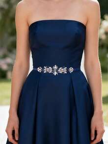 1pc Fashion Short Wedding Belt, Navy Blue Crystal Embellished With Black Ribbon, Handmade Formal Dress Sash - Navy Blue Ribbon - View 2