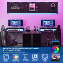 Escritorio en forma de L con tomas de corriente y luces LED, escritorio de computadora con cajones y estantes, escritorio de esquina para juegos, escritorio de oficina en casa, blanco - Gris - Ver 8