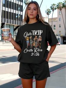 Camiseta de manga corta con cuello redondo de estilo casual y vacacional en talla grande, con estampado de chica 2026 - Suave y transpirable, adecuada para camisetas casuales de verano y primavera - Ropa regular de mujer de talla grande, camiseta estampada para mujer - Negro - Ver 5