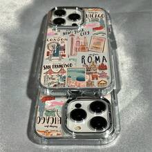 Estuche suave y elegante 1pc con collage de pegatinas temáticas de viaje compatible con 17, 16, 15, 14, 13, 12, 11 Pro, 14, 16E Plus, XS, XR, X, 8,, SE 2020. Funda de Silicona Amortiguadora: Protege tu Teléfono de Cada Caída. - 1 pieza - Ver 5