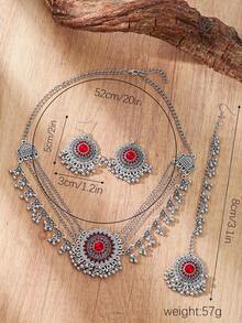 2024新款4入組精緻波西米亞風格女士珠寶套裝，包括1入組銀色鋅合金材質分層鍊條項鏈，配有人造珍珠設計，1對款式鑲嵌紅/白/綠玻璃水晶耳環，1入組寶萊塢風格頭鏈。適合女性日常佩戴或作為聖誕節和其他場合的禮物。 - 首飾套裝 - 查看 7