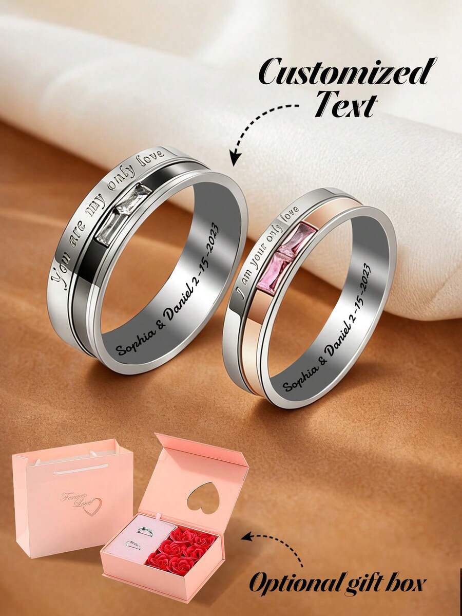 1pc Custom Engraved Stainless Steel Ring, Personalized Name Date Couple Band, Minimalist Silver Ring, Matching Wedding Anniversary Gift For Him Her - Multicolor - View 1