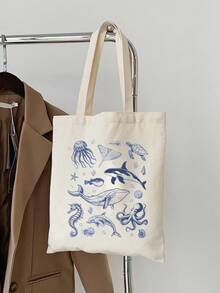 1 pieza Bolsa de tela plegable con estampado de lazo azul y rejilla, de gran capacidad y estilo casual para compras, adecuada para trabajo, viajes, compras, escuela y talla, excelente - Multicolor 7 - Ver 10